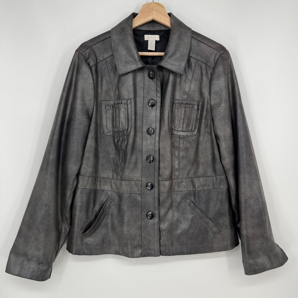 Chico's Button Jacket Women 2 / L /12 Pewter Gray Vegan Faux Leather Lightweight